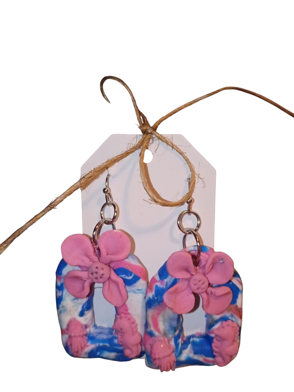 Pink Flower Coastal Blue Marble Polymer Clay Dangle Earrings - Women Jewelry